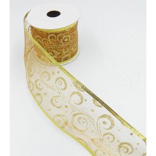 2.5 Inch Wired Christmas Ribbon with Gold Metallic Swirls on Old Gold Organga, 2-1/2 In. X 10 Yds (Lot of 1 Spool) SALE ITEM